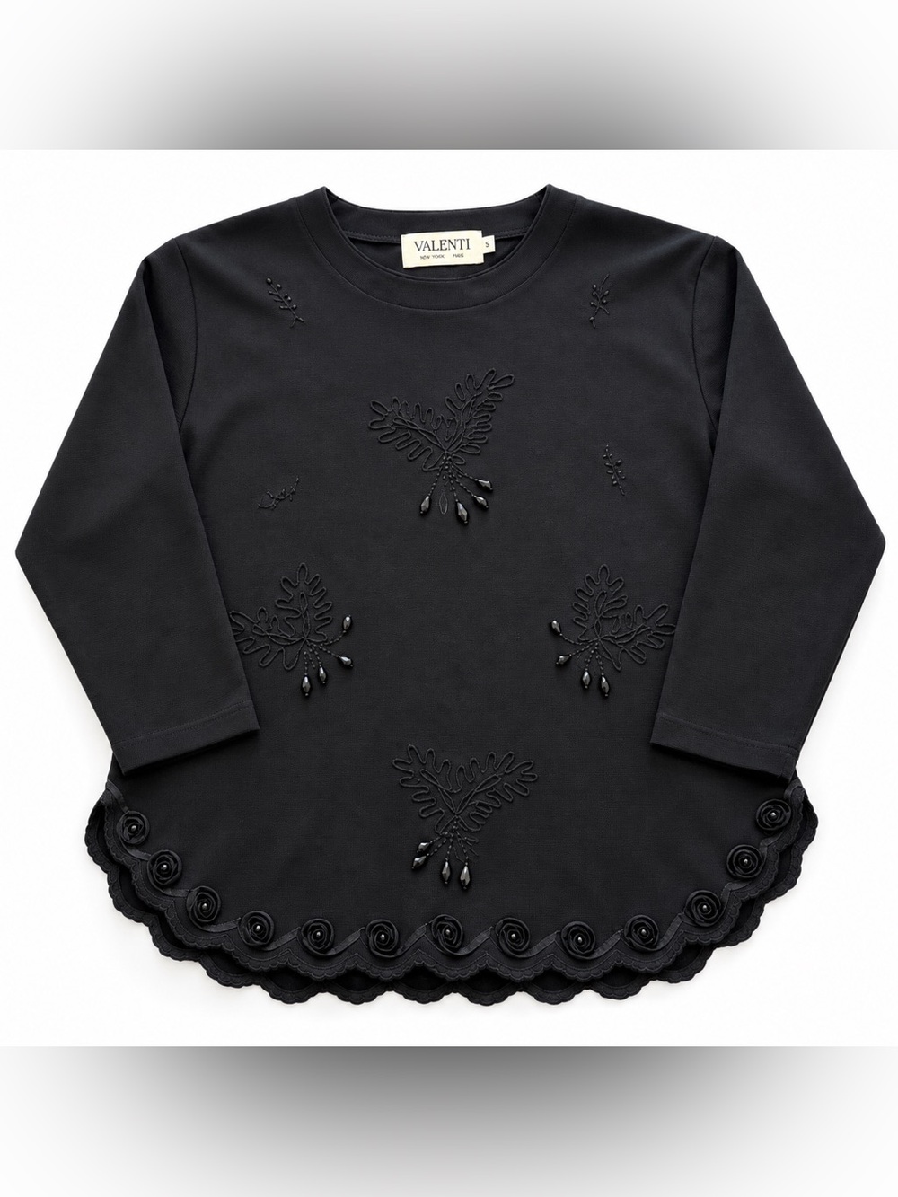 Valenti Womens Small Black Embroidered Beaded Sweater Rosette Scallop Hem 3/4
